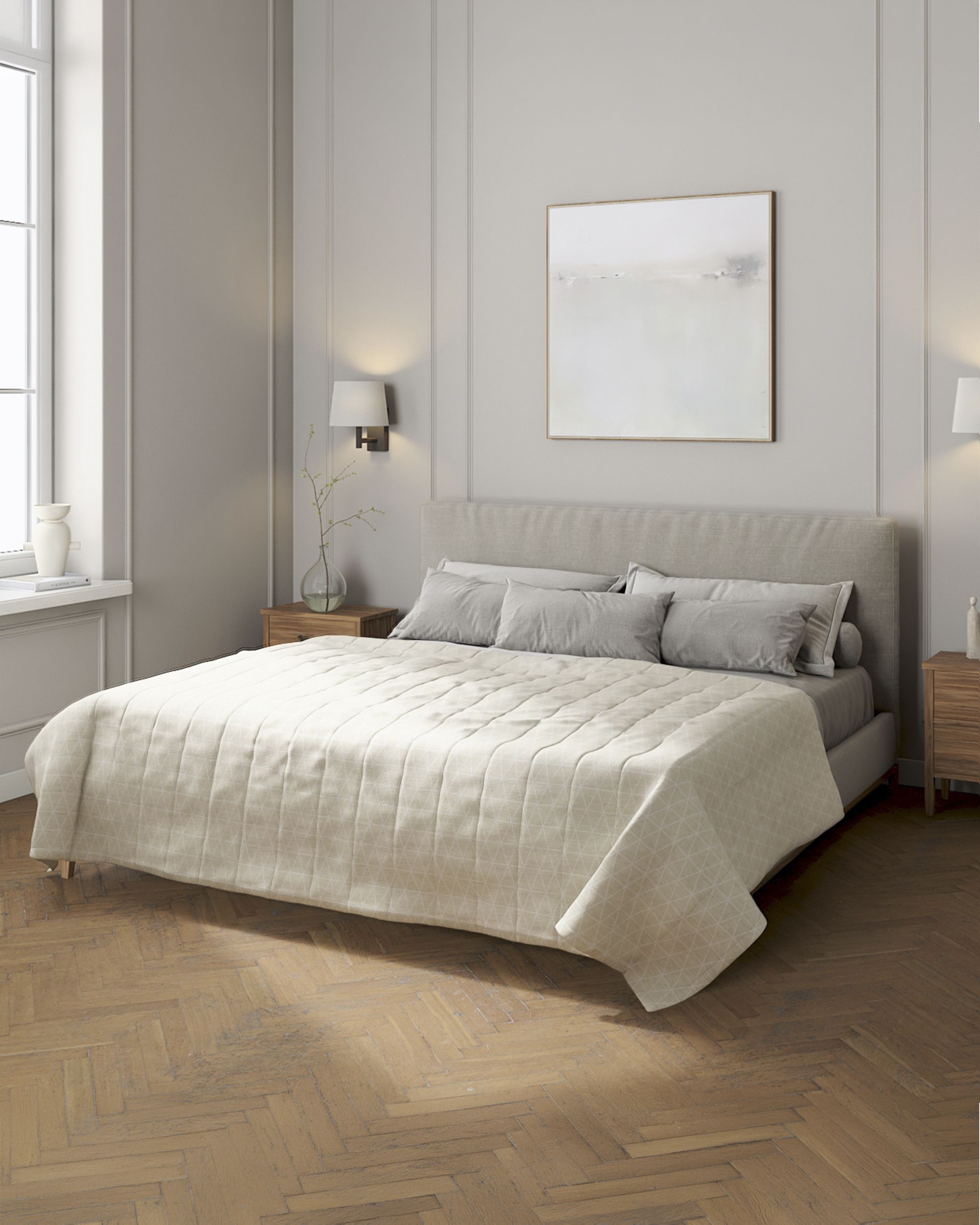 Päiväpeitto tikattu raidat väri beige kangas punos, kuvioitu