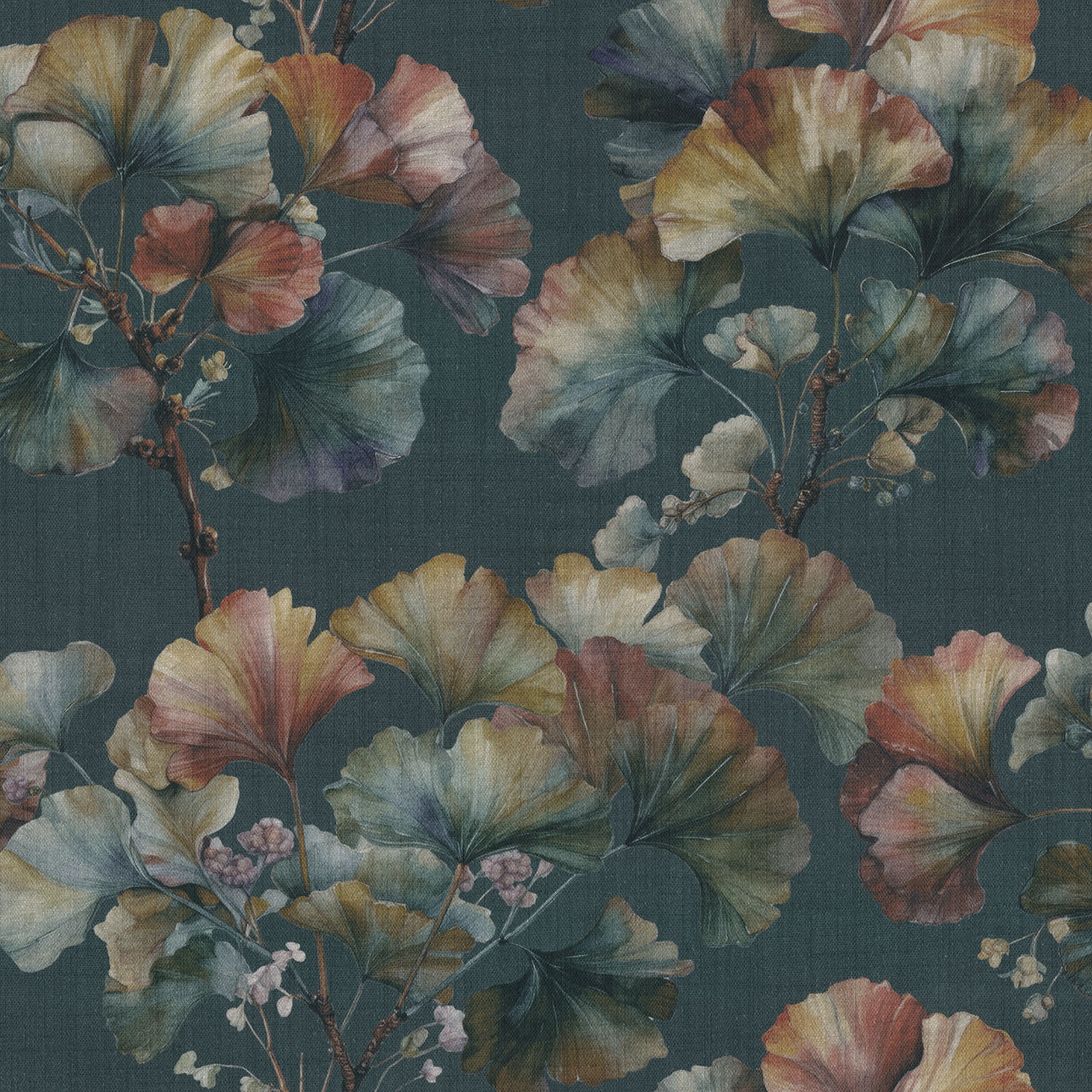 Botanic Viscose 145-24 ginkgon lehdet tummansinisellä taustalla